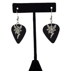 HAND Crafted Drop Earrings Recycled Guitar Pick with Fairy Angel Charm